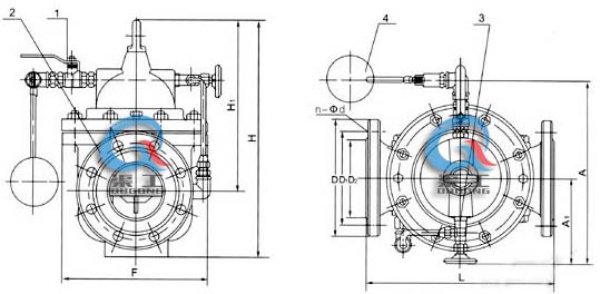 100X遙控浮球閥 外形結構圖 (1、球閥 2、主閥 3、針閥 4、浮球閥)